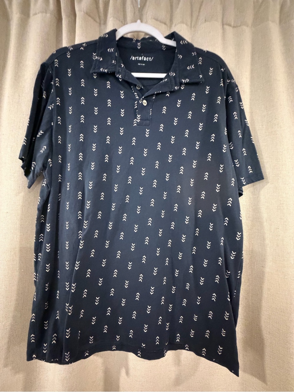 Navy Short-Sleeve Polo with Chevron Print
